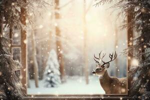 Magical window view of reindeer decor background with empty space for text photo