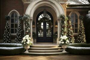 Elegant doors and windowsdecked out in Christmas holiday cheer photo