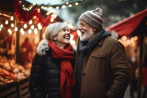 AI Generated Happy couple having fun together at Christmas market in evening. Couple dressed warm, looking at each other and laughing together. photo