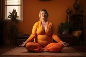 AI Generated photoshoot of plus size woman practicing relaxation yoga at home. photo