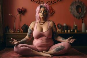 AI Generated photoshoot of plus size woman practicing relaxation yoga at home. photo