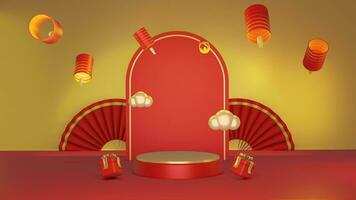 3D red background with chinese new year minimalist podium, suitable for product promotion video