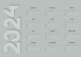 2024 año calendario. minimalismo estilo. semana empieza en domingo. sencillo calandrar disposición. escritorio o pared a3 formato calendario modelo con 12 mes. vector