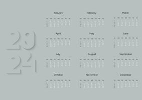 Calendar 2024 in Minimalism. Week starts on Sunday. Corporate calender layout. Desk or wall a3 format calendar template with 12 month. Vector