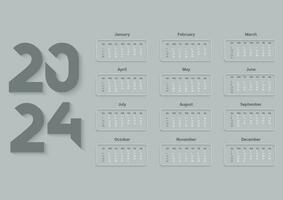 Monthly 2024 year calendar template. Wall or desk calendar in a minimalist style. Week Starts on Sunday. A3 format. Vector