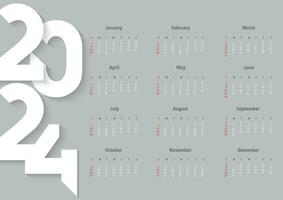 2024 year calendar in minimalistic style. Week starts on Sunday. Simple calender template. Desk or wall a3 format calendar template with 12 month. Vector