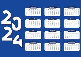 Calendar 2024 in Minimalism blue style. Week starts on Sunday. Corporate bright colorful a3 format wall calender layout with 12 month. Vector