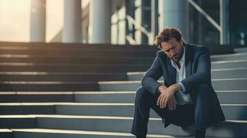 Sad businessman sitting on the steps. Dismissal and business failures. photo