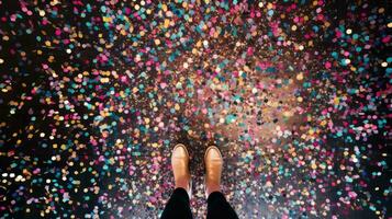 Background floor with shining confetti and legs. Cleaning up after the party photo