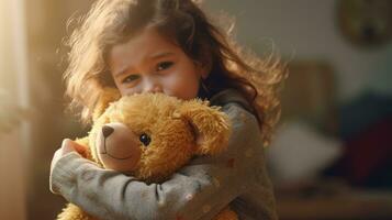 pequeño solitario niña abrazando osito de peluche oso, familia problemas. triste niño foto