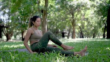 holístico salud en el parque. yoga práctica para el bienestar de asiático mujer. video