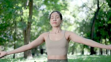 yoga sessione nel sereno giardino, asiatico donna coltivando consapevolezza video