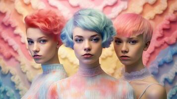 Three modern futuristic short hair young women on pastel background, created with generative AI photo