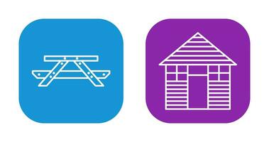 Picnic of Table and Wood Cabin Icon vector