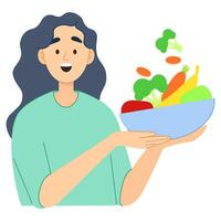 Young flat vegetarian woman with bowl of vegetables and fruits vector