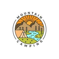 morning camp mountain badge vector illustration. mountain and tent monoline or line art style. design can be for T-shirts, sticker, printing needs