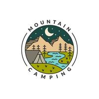 night camp mountain badge vector illustration. mountain and tent monoline or line art style. design can be for T-shirts, sticker, printing needs