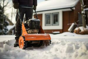 utilizando soplador de nieve a claro nieve en pasarela cerca casa. generativo ai foto