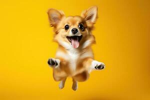 chucky dog jumping up on a yellow background photo