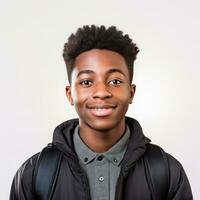 un negro estudiante con un logrado expresión, posando en contra un blanco antecedentes foto