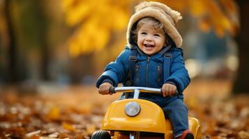 un joven niño montando un pequeño coche mediante el hojas en el otoño foto