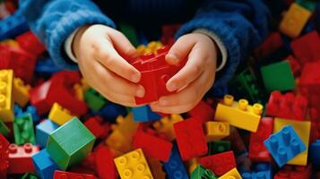 a young child's hands playing with of colorful building blocks photo