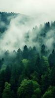 An aerial shot of a dense forest with a white fog photo