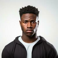 A black student with an accomplished expression, posing against a white background photo