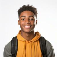 A black student with an accomplished expression, posing against a white background photo