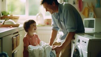 Father and Son Doing Laundry Together to load the washing machine with dirty clothes photo