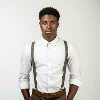 A black student with an accomplished expression, posing against a white background photo