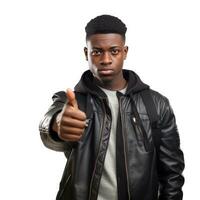 A black student with an accomplished expression, posing against a white background photo