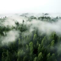A top view of a forest with a white fog rolling over the treetops. photo