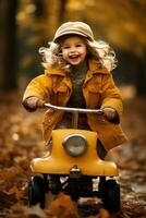 un pequeño niña es jugando con hojas mientras montando en el coche foto