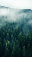 An aerial shot of a dense forest with a white fog photo