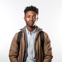 un negro estudiante con un logrado expresión, posando en contra un blanco antecedentes foto