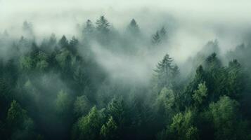 An aerial shot of a dense forest with a white fog photo