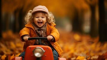 a young child riding a little car through the leaves in the fall photo