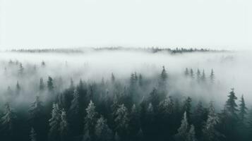 A top view of a forest with a white fog rolling over the treetops. photo