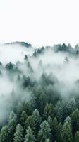 A top view of a forest with a white fog rolling over the treetops. photo