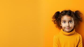 espalda a escuela. contento joven niña en un naranja foto