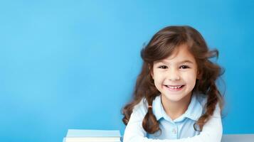 Back to School. Happy Young Girl on a Blue photo