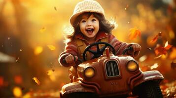 un joven niño montando un pequeño coche mediante el hojas en el otoño foto