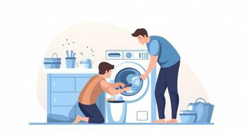 padre y hijo haciendo lavandería juntos a carga el Lavado máquina con sucio ropa foto
