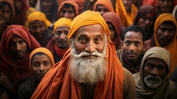 man surrounded by a crowd of people in yellow and orange photo