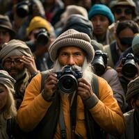 fotógrafo con un cámara entre un multitud de personas en el calle foto