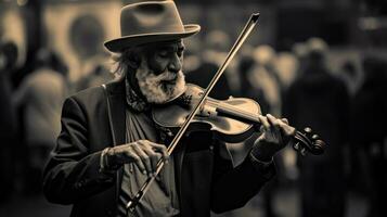 musician plays the violin on the street among a crowd of people photo