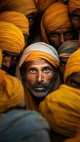 man surrounded by a crowd of people in yellow and orange photo