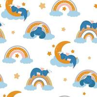 Seamless pattern with cute dragons on the moon, rainbow. Sleeping fantasy animals, dinosaurs for baby print. Vector graphics.