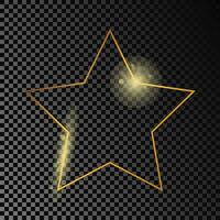 Gold glowing star shape frame isolated on dark background. Shiny frame with glowing effects. Vector illustration.